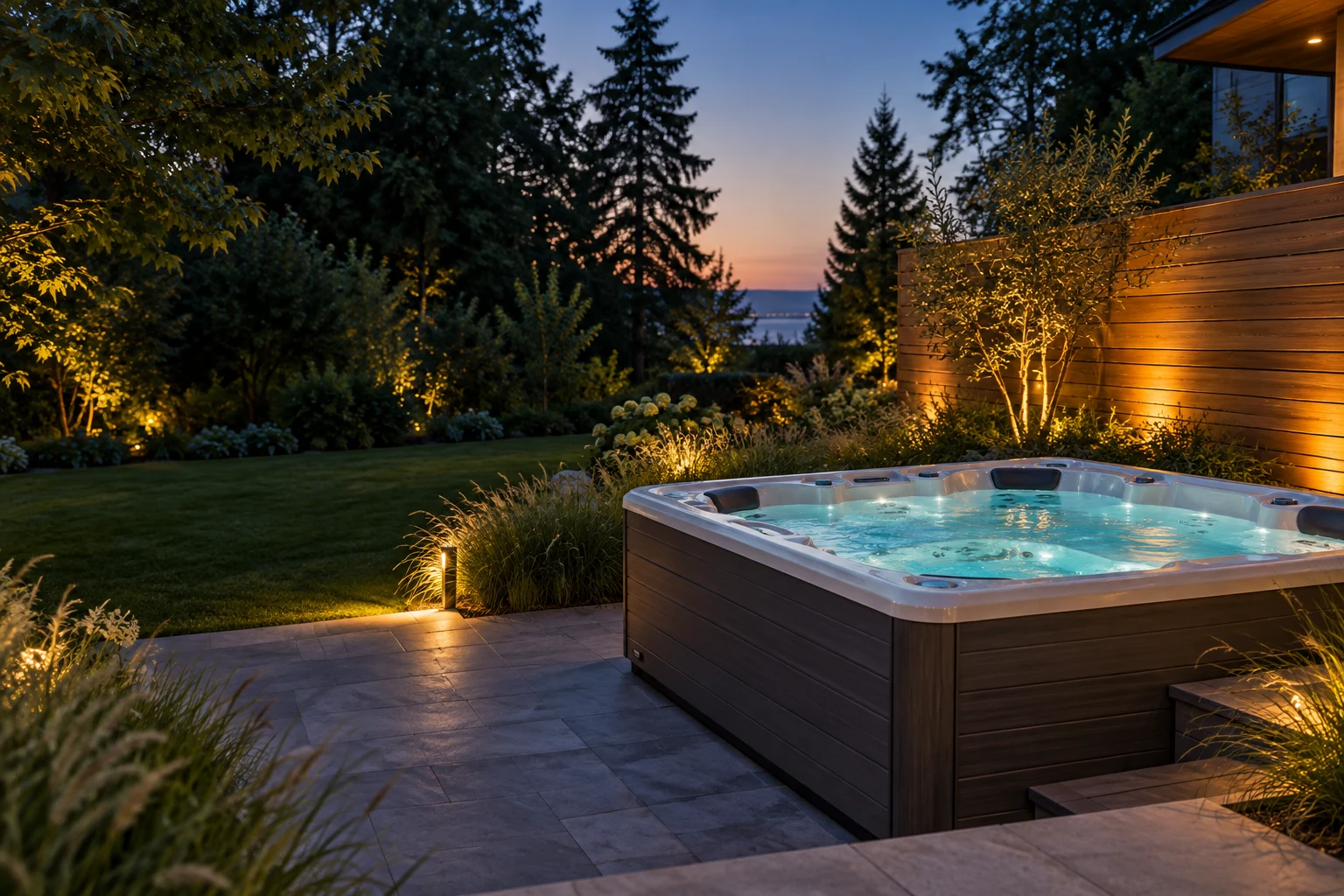 Home — Editable 1 Hot tub in a landscaped backyard at dusk
